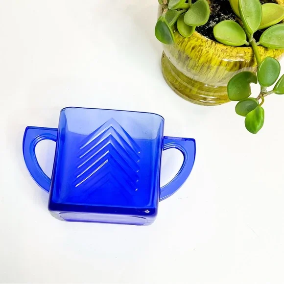 VINTAGE Cobalt Blue Depression Glass Creamer & Sugar Set Retro Art Deco - Picture 8 of 11
